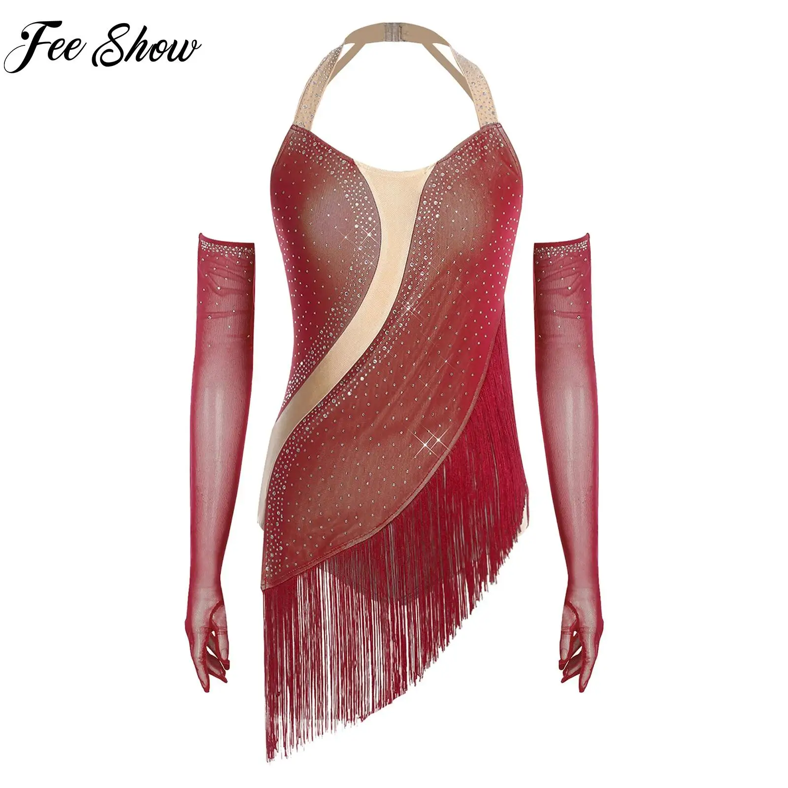 大人女性用ラテンダンスラインストーンタッセルボディスーツ、グローブ付き、ホルターネック、バックレスレオタードジャンプスーツ、タンゴチャチャダンスコスチューム