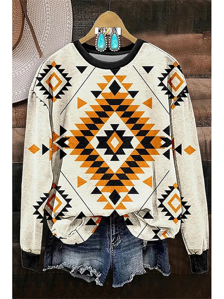 New Retro Geometric Pattern Women's Autumn Sweatshirt Round Neck Loose Fashion Street Sweatshirt Daily Outdoor Travel Clothing