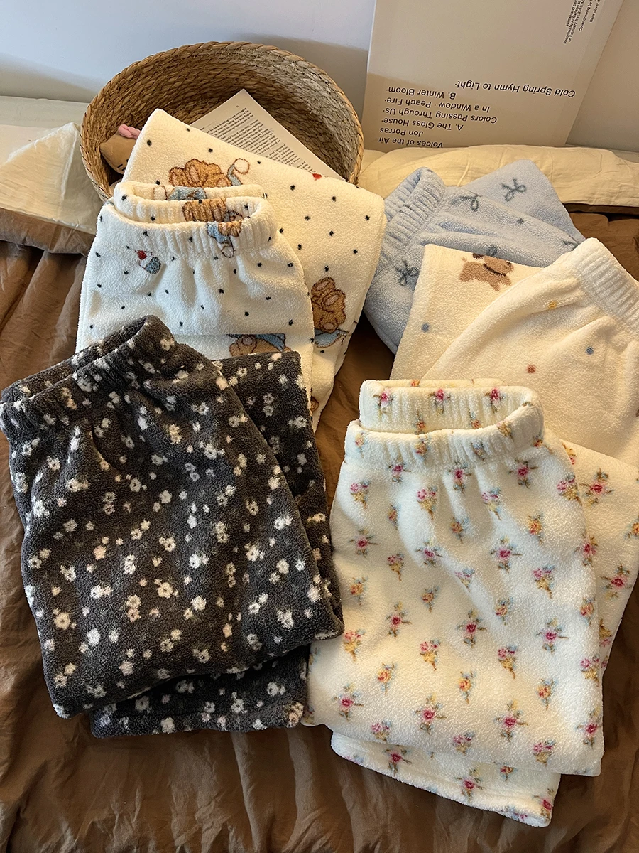 Cute Coral Fleece Sleep Pants Women's High Waist Long Pants Printed Home Clothes Autumn Winter Warm Thickened Straight Leg Pants