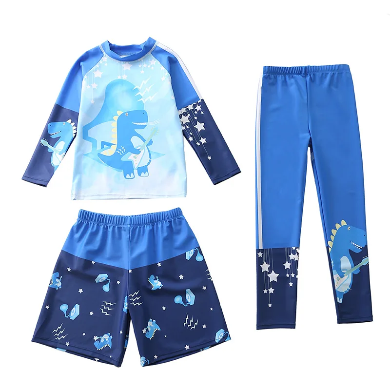 HappyFlute 3PCS Cartoon Animal Print Children's Boy Long Sleeve Sun Protection&Waterproof Travel Swimsuit