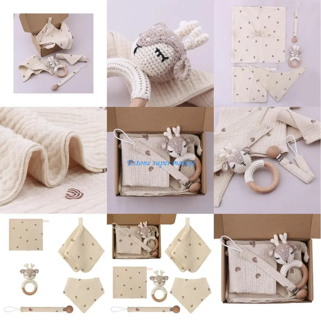 

090B 5 Pcs Newborn Wooden Knitted Deer Rattle Teether Infants Feeding Bib Appease Towel Square Wash Facecloth Pacifier Chain Set