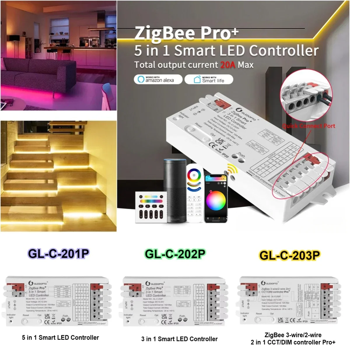 

GLEDOPTO 5 in1 LED Controller ZigBee3.0 Pro+ RGB CCT RGBW RGBCCT Strip Light 2.4G Dimmer Alexa Home Tuya Smart APP Voice Control