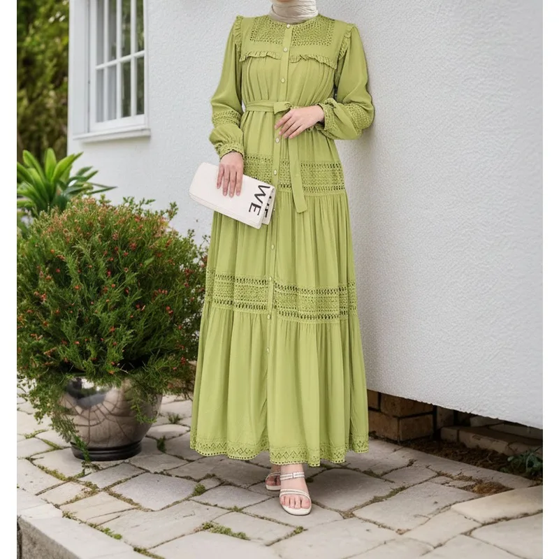 

Jalabiya Women Eid Muslim Dress Abayas Embroidered Hollow Out Lace Lapel Collar Long Sleeve Robe Vestidos Women Party Dresses
