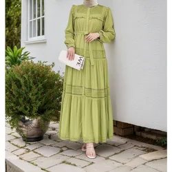 Jalabiya Women Eid Muslim Dress Abayas Embroidered Hollow Out Lace Lapel Collar Long Sleeve Robe Vestidos Women Party Dresses