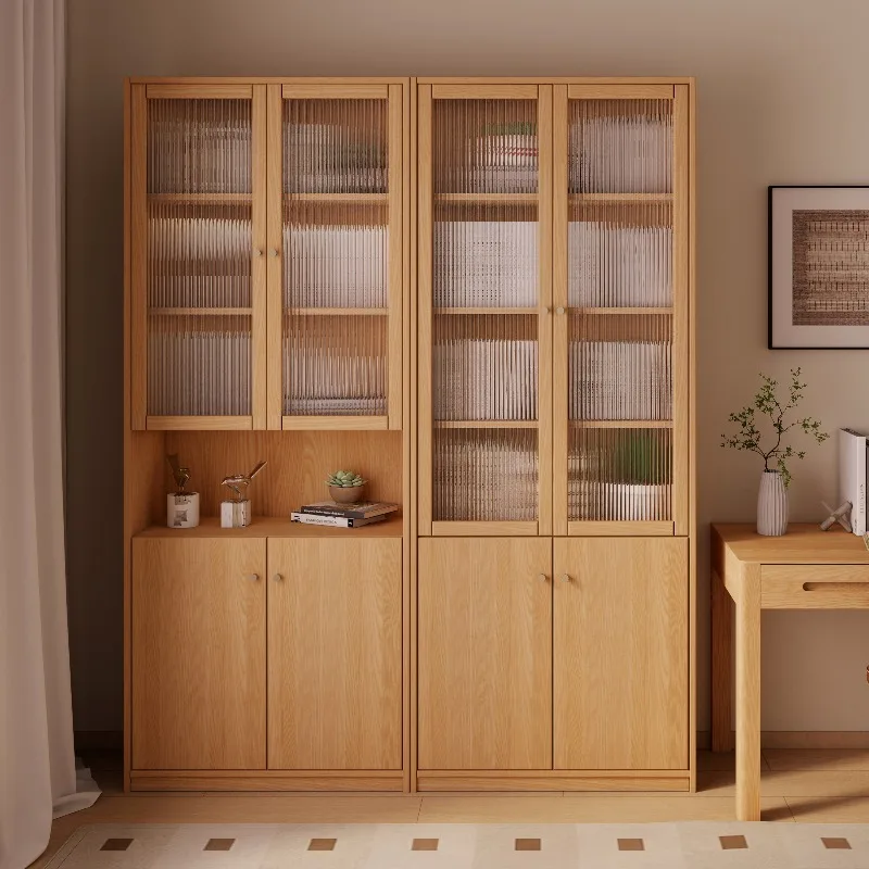 Solid wood combination bookcase, bookcase dust-proof glass door whole wall cabinet, study floor-to-ceiling wall storage cabinet