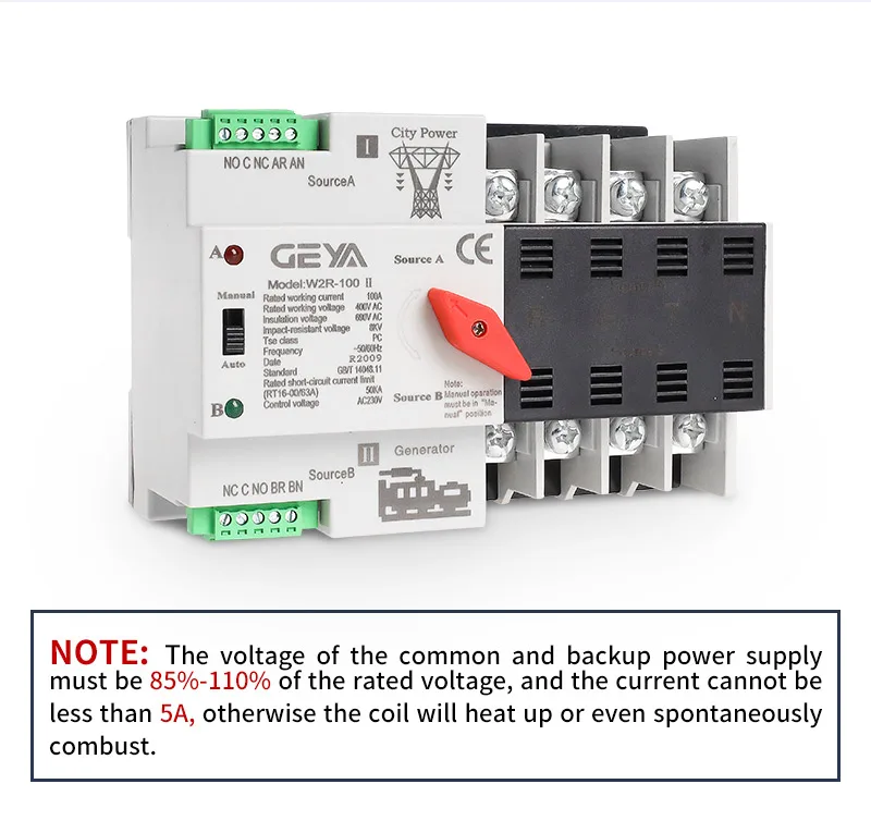 GEYA W2R ATS 110V 220V PC Dual Power Automatischer Transferschalter 63A 100A Haushalts-Stromübertragungsschalter 50/60Hz – Detail 10
