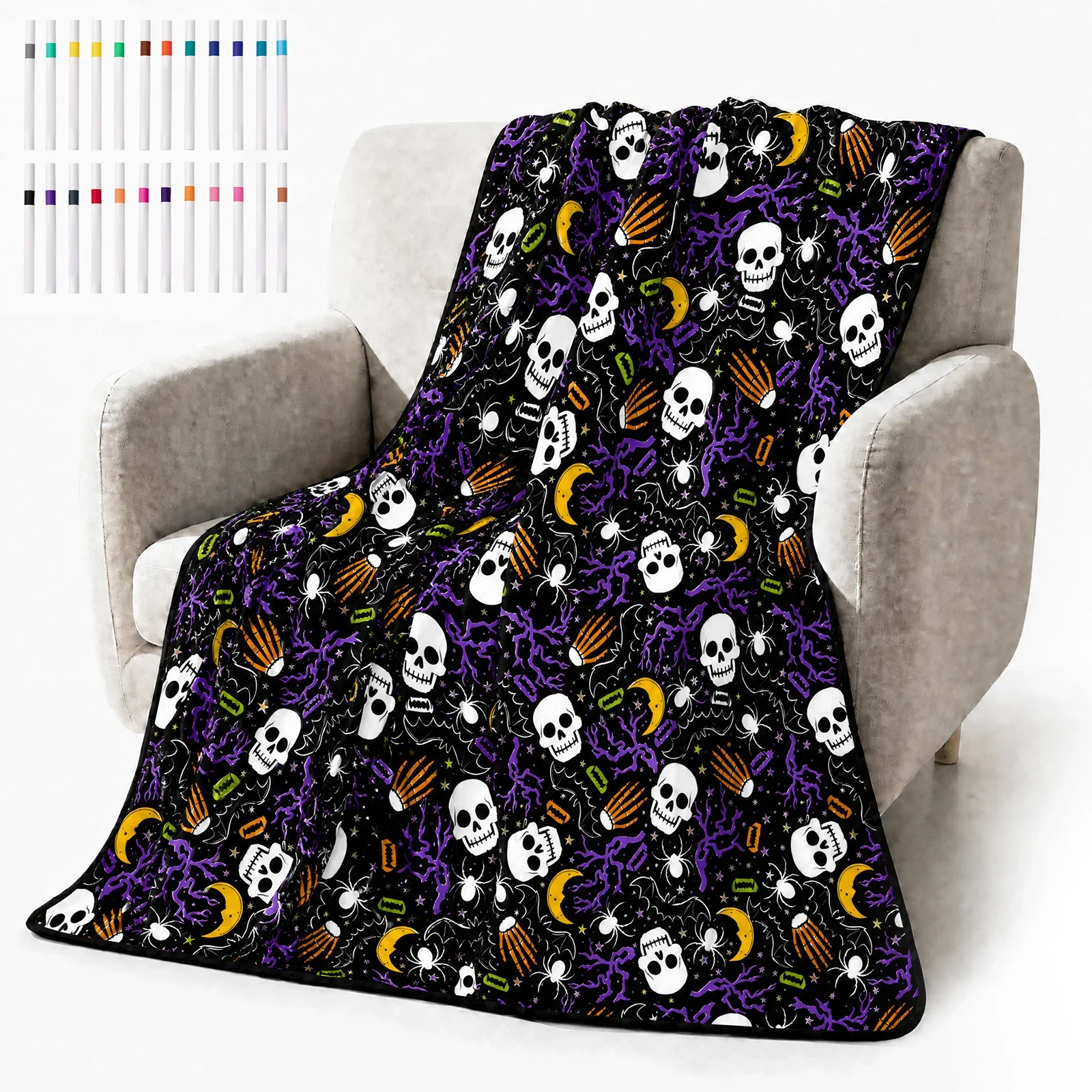 DIY Coloring Blanket with 24 Colored Markers Washable Reusable Blanket Stress Relief Unique  Decor Gift for Adult Teen Children