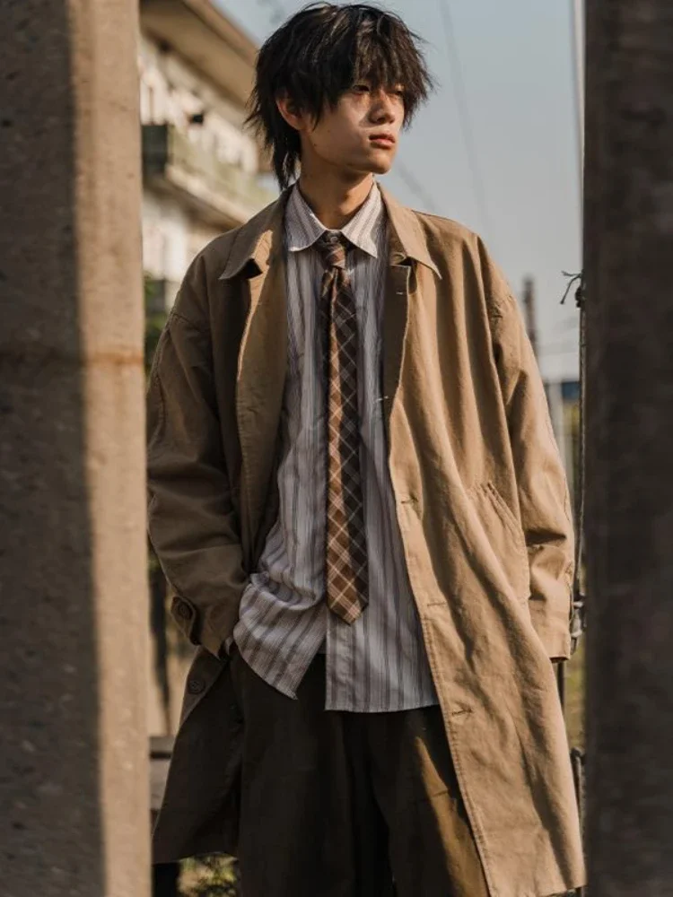 Young Men's Japanese Retro Loose Trench Coat Solid Color Minimalist Couple's Jacket Mid Length for Spring Autumn​