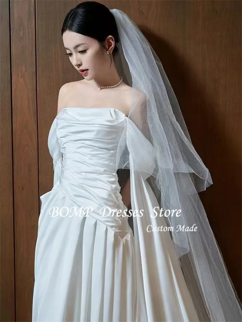 BOMP أنيقة قبالة الكتف الحرير حورية البحر فساتين الزفاف كوريا صورة تبادل لاطلاق النار الأكمام الطابق طول أثواب الزفاف مخصص الحجاب طويل