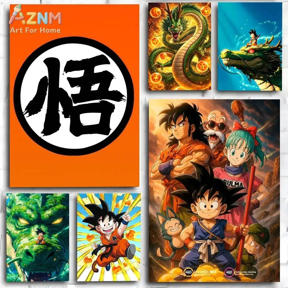 AZNM Dragon Ball Unframed Canvas Print Goku Kanji Shenron Bulma Master Roshi Classic Anime Wall Art Poster Teen Bedroom Home Wal