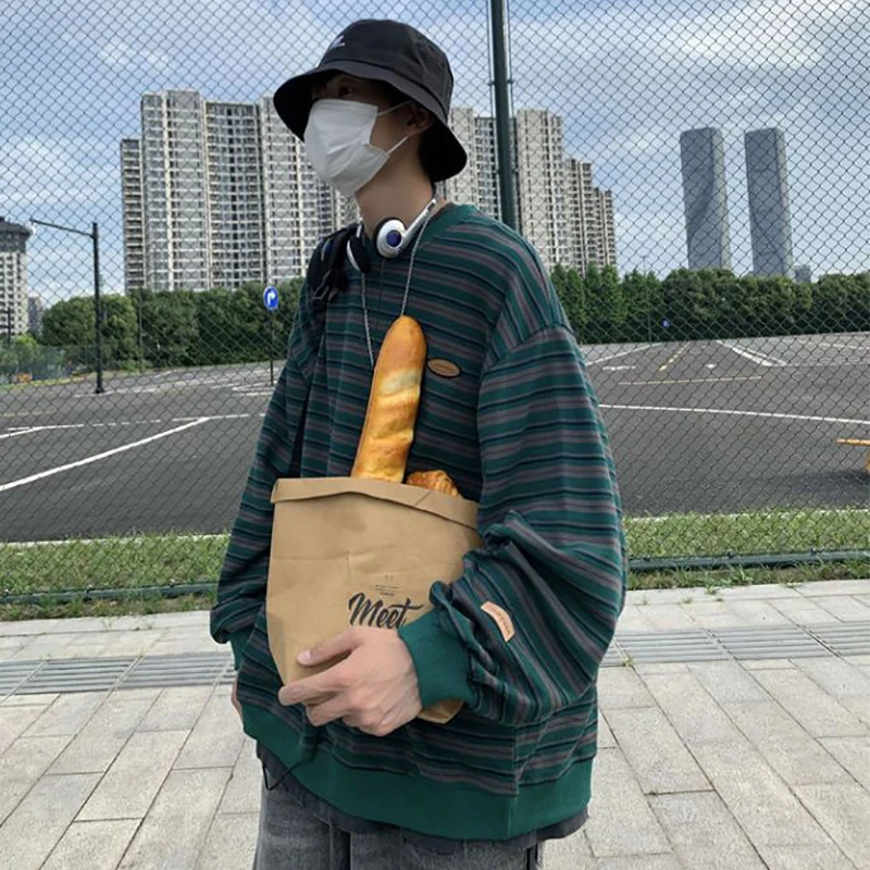 Couples Vintage Striped Print Long Sleeve Men O Neck T Shirt Fall Hit Color Fashion Casual Harajuku 2xl Oversized Pullovers Punk