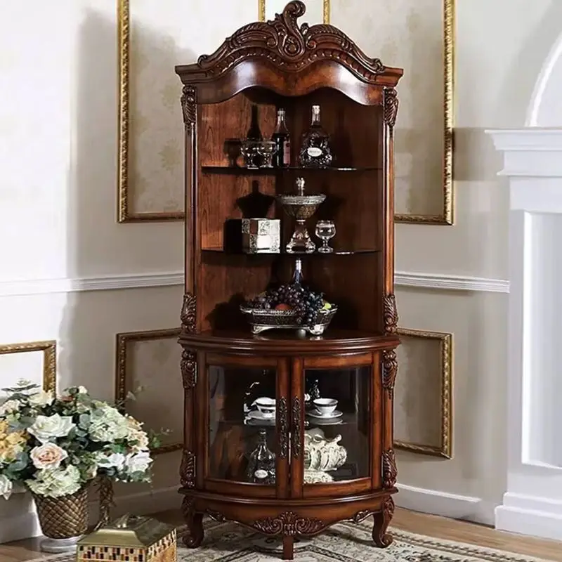 خزانة زاوية من الخشب الصلب الأمريكي، غرفة معيشة مثلثة، باب زجاجي منحني عتيق، النبيذ الأوروبي #4