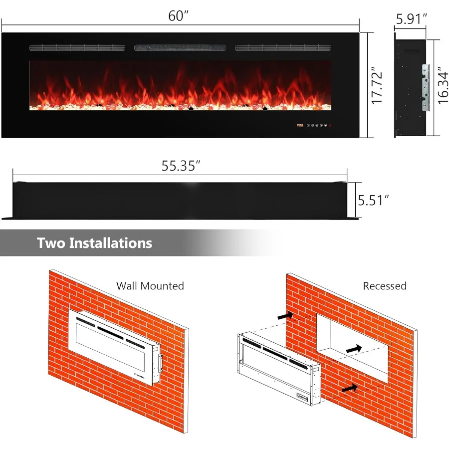 Inserti per caminetto elettrico da incasso e da parete da 60 pollici con telecomando e controllo touch screen per soggiorni moderni e essere