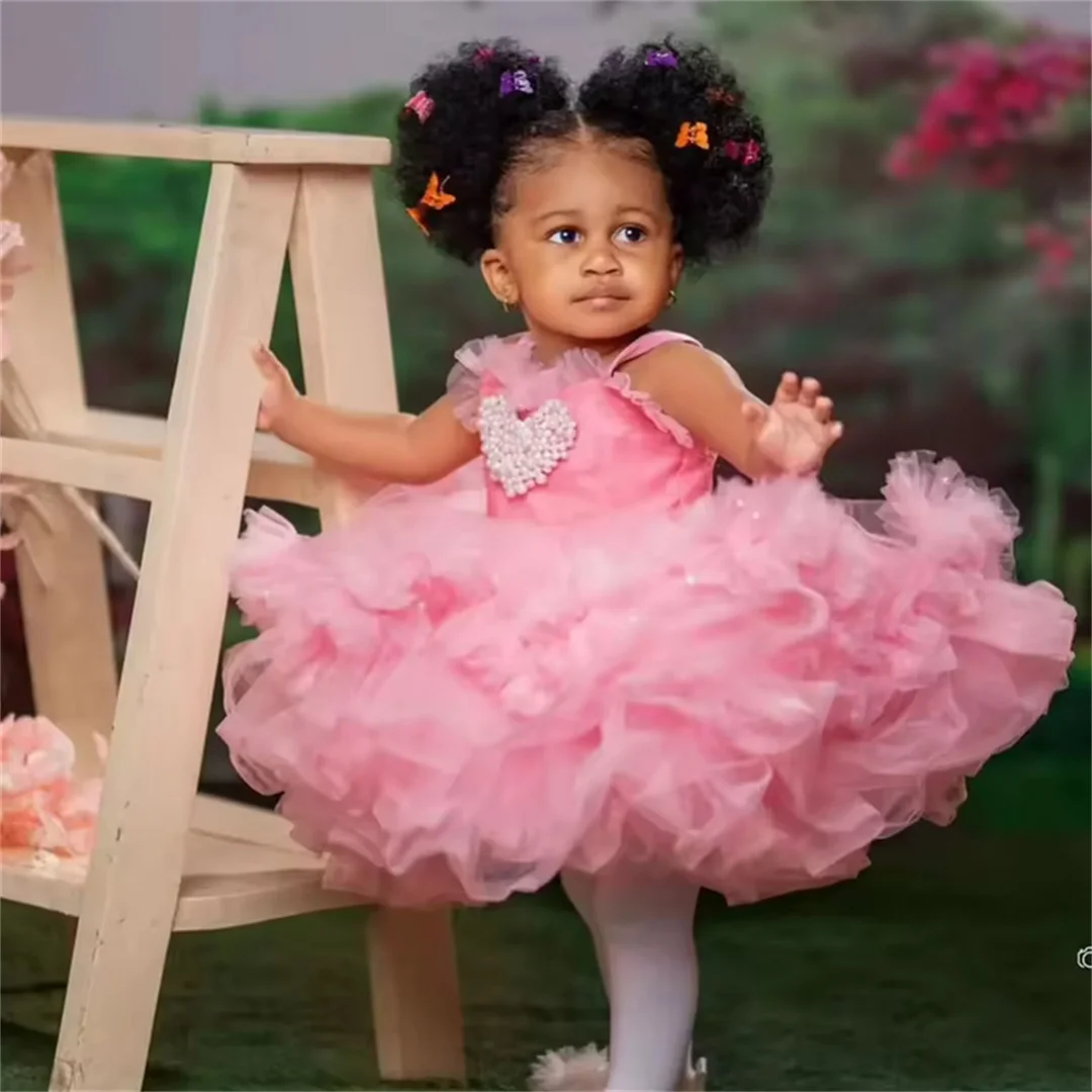 

Customized Pink Flower Girl Dresses For Wedding Pearls Lace Tulle Puffy Cute Kids Birthday Party First Communion Pageant Gown
