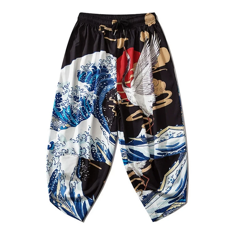 Japanese Kimono Pants Vintage Bloom Pants Wave Crane Print Trousers Women Men Traditional Asian Clothing Cosplay Costume