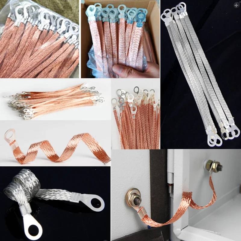 100PCS Copper Braid Jumper Cable Bridge Ground Wire Tin-pated Copper Wire Soft Connection Customized Box Ground Cable Hole 8mm