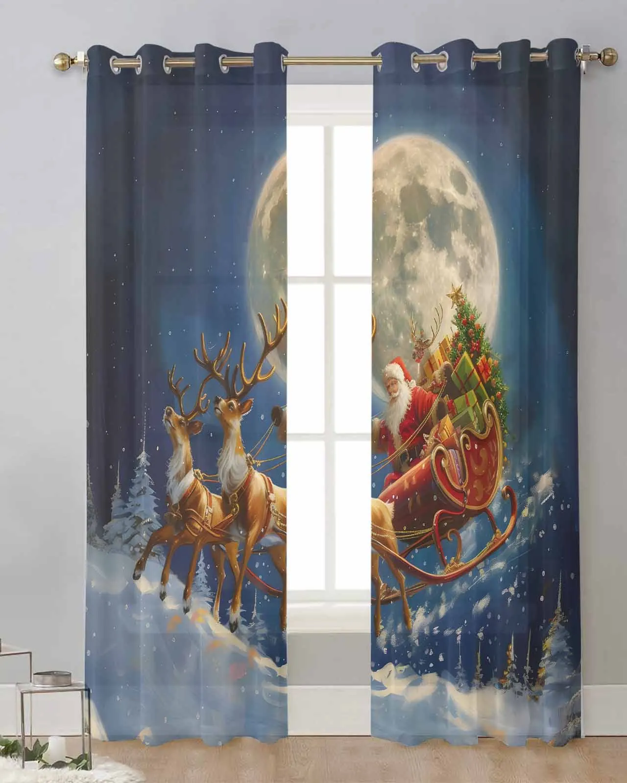 

Christmas Santa Claus Elk Gift Moon Sheer Curtains for Living Room Printed Tulle Window Curtain Luxury Home Balcony Decor Drapes