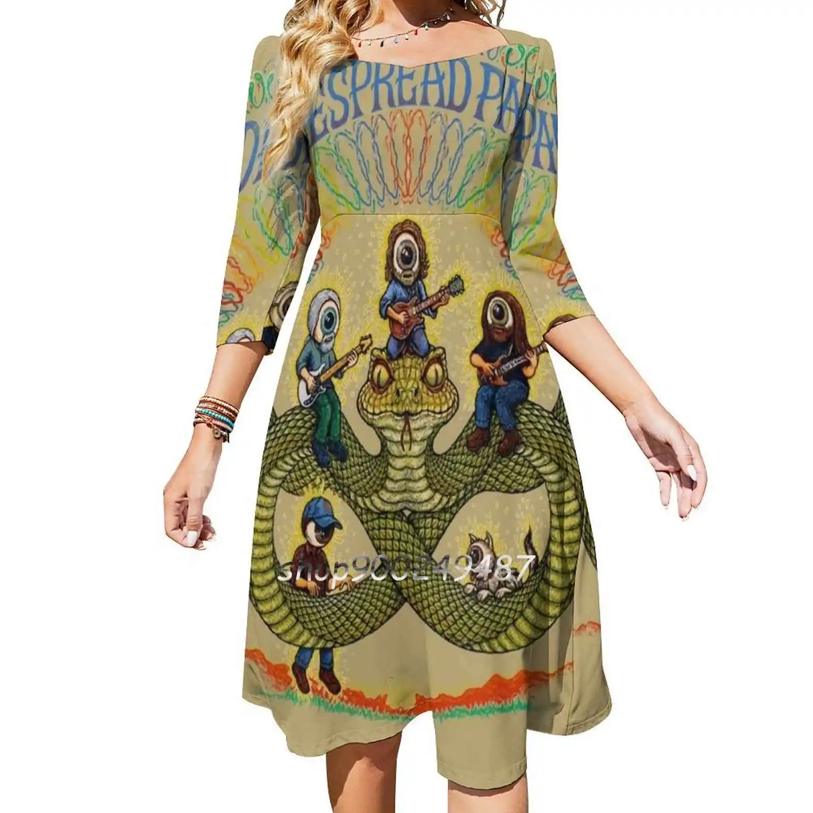 Widespread Panic Red Rocks Square Neck Dress Cute Loose Print Dresses Elegant Beach Party Dress