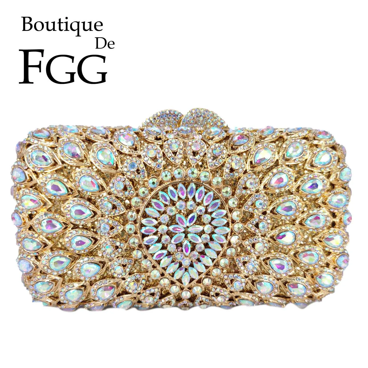 

Boutique De FGG Gold AB Womne Evening Bags and Clutches Formal Dinner Minaudiere Bag Bridal Rhinestone Handbags and Purses