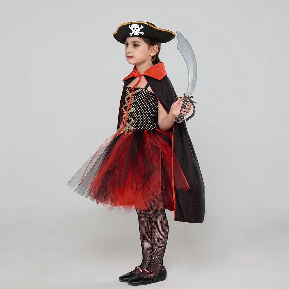 Pirate Halloween Costume Red Black Little Girls Pirate Tutu Dress with Hat Cape Buccaneer Themed Cosplay Party Dress up Clothes