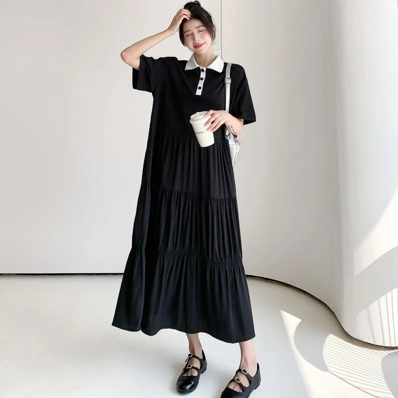 

Black Hepburn A-Line Loose Plus Size Fat Sister MM Sweet Dress Fish Tail Belly Cover Long Skirt Black Gothic Loose Chic Dress