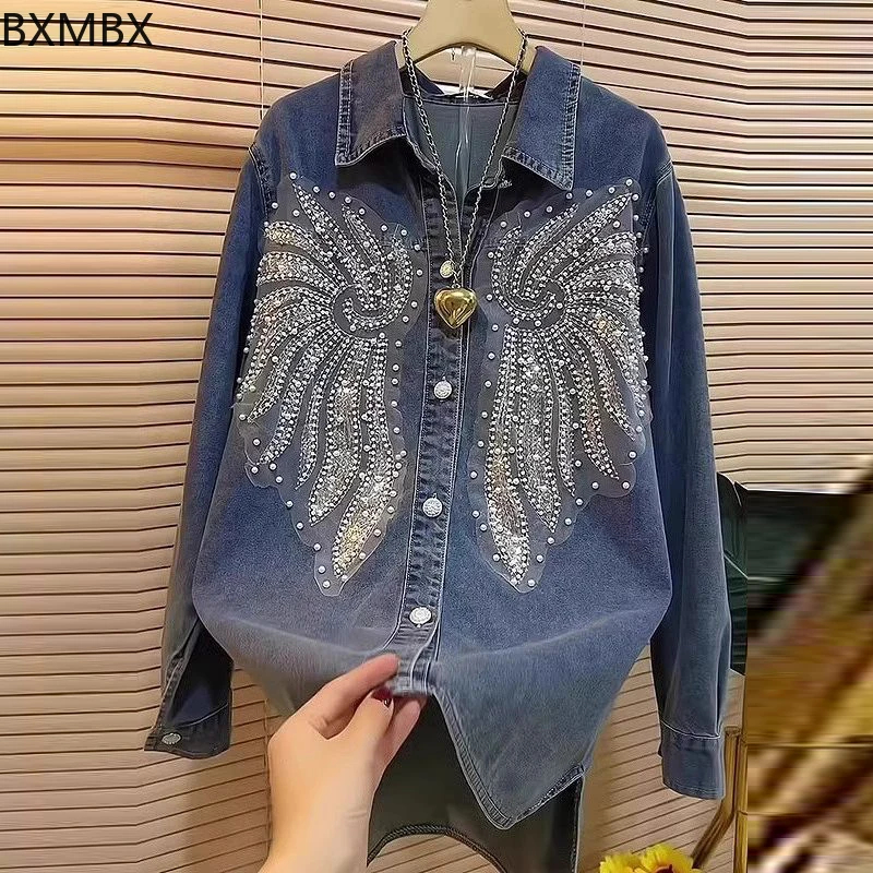 

spring 2025, new women's clothing, high-end sense, beautiful beaded denim shirt, niche wear top