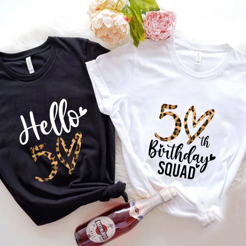 Women Tshirt 50th Birthday Squad T-shirts Hello 50 Birthday Party Leopard Graphic Print Top O Neck Shirt Short Sleeve Summer Tee