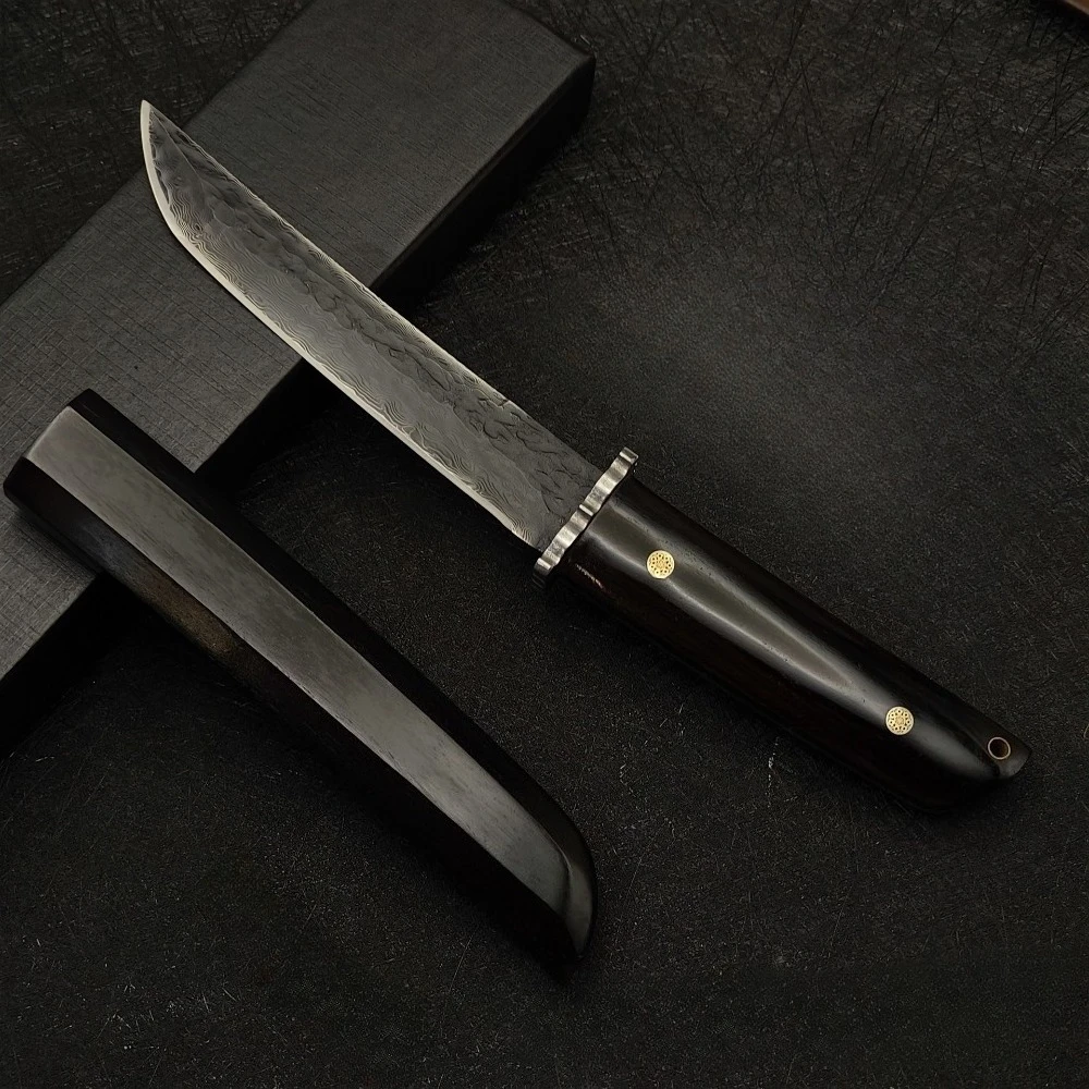 VG10 Damascus Blade Ebony Handle Fixed Blade Pocket Knife Camping Survival Knives, Outdoor Camping Household Daily Use EDC Tools