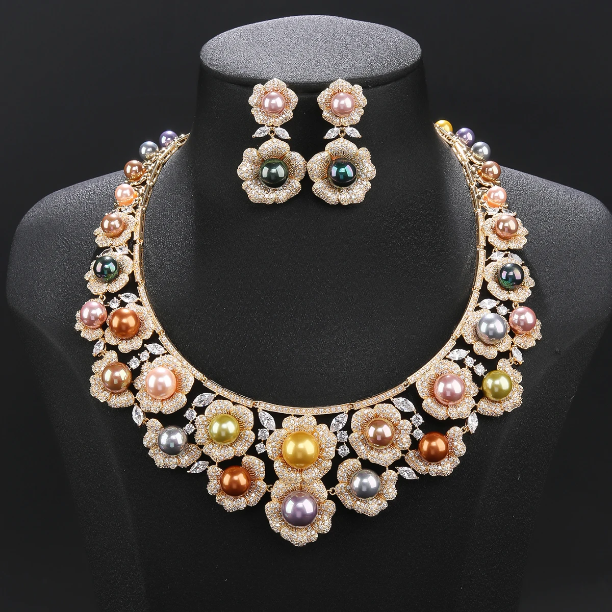 Luxury Flower Necklace High Quality Zircon Pearls Jewelry sets Women Sparkling Dubai Bridal Party Costume Accessories CN11370