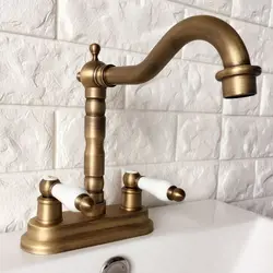 Vintage Retro Antique Brass Swivel Spout Kitchen Sink Faucet 2 Hole Bathroom Basin Cold and Hot Water Mixer Taps Dnfa7