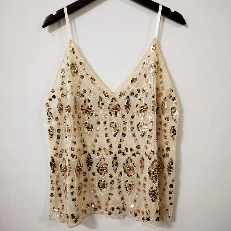 Trendy Sequins Beads Flower Pattern Vests Women's Sleeveless Open Back V Neck Camisoles See-Through Chic Summer Camis