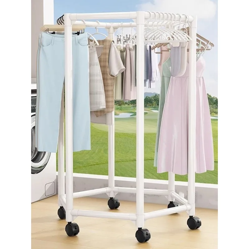 Hexagon Rotating Clothes Rack Double Tier Rolling Garment Stand With Brake Wheels Movable Clothing Drying Storage Rack