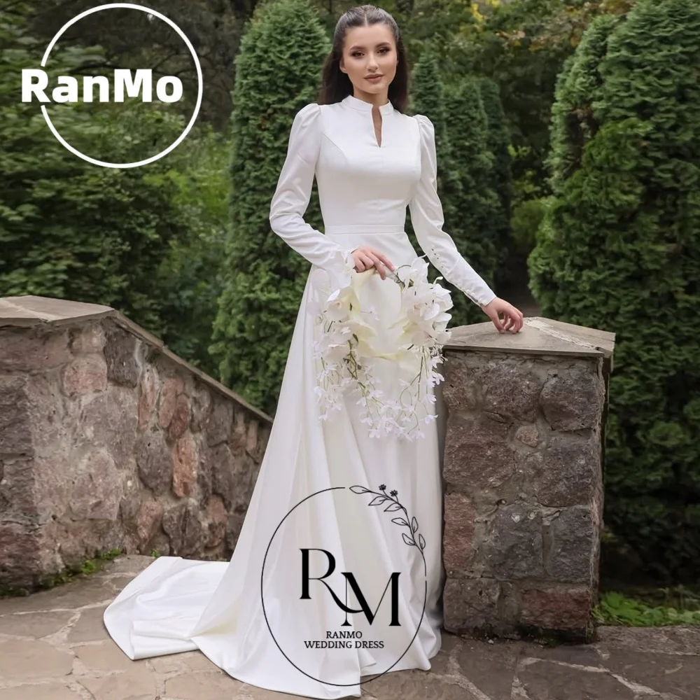 

Ranmo Charming Muslim Wedding Dresses Woman's Long Sleeve Satin Mermaid Bridal Gowns Long Sleeve Vestidos De Novia Customized