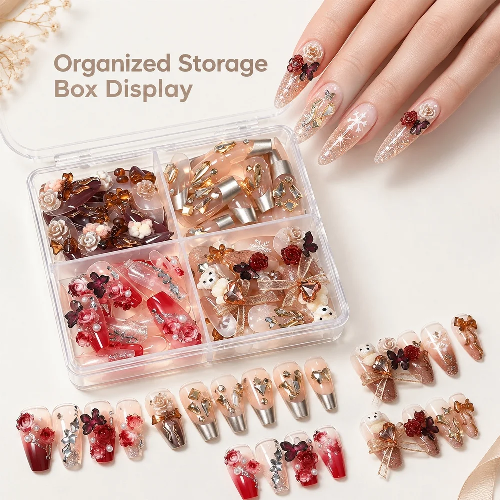 96Pcs Vintage False Nails Nude Base Diamond Stud Ribbon Bow Durable Full Cover 4 Styles With Box for Retro Party DIY Nail Art