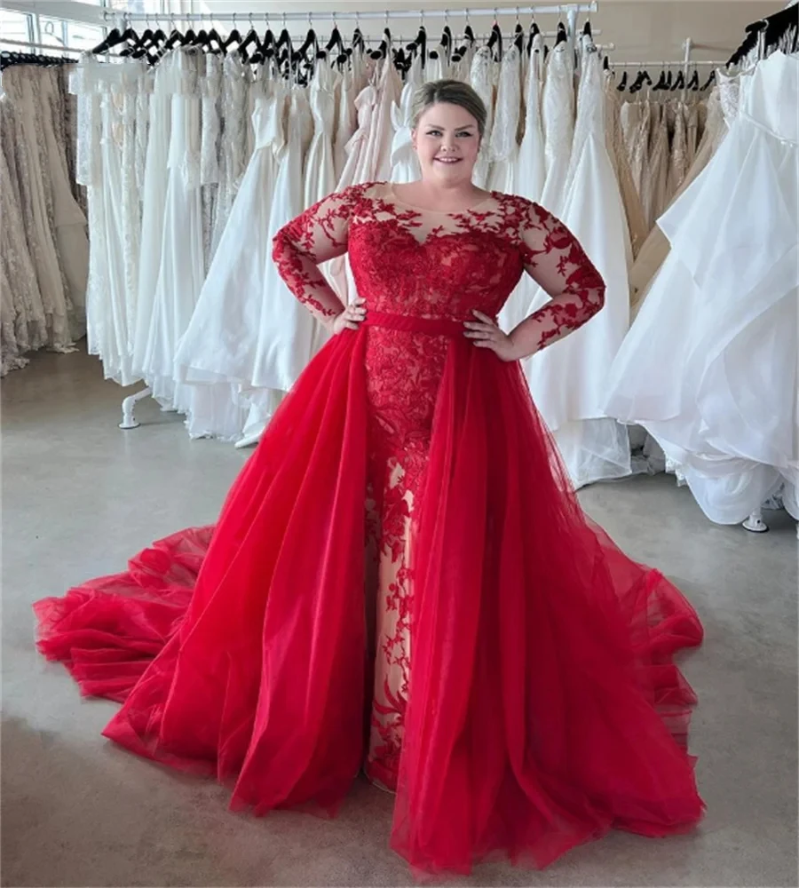 

Red Mermaid Wedding Dress Lace Appliques Long Sleeves Plus Size Bridal Gown With Detachable Train V-Back Zipper Robe de mariée