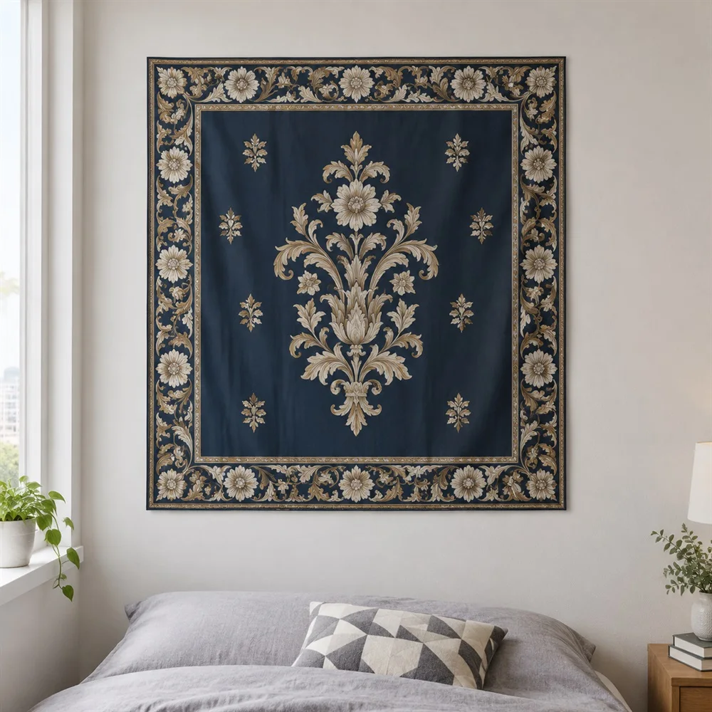 VIKAMA Victorian Damask Tapestry Wall Hanging, Damask Wallpaper Wall Art, Vintage Decor for Living Room Bedroom Dining Room