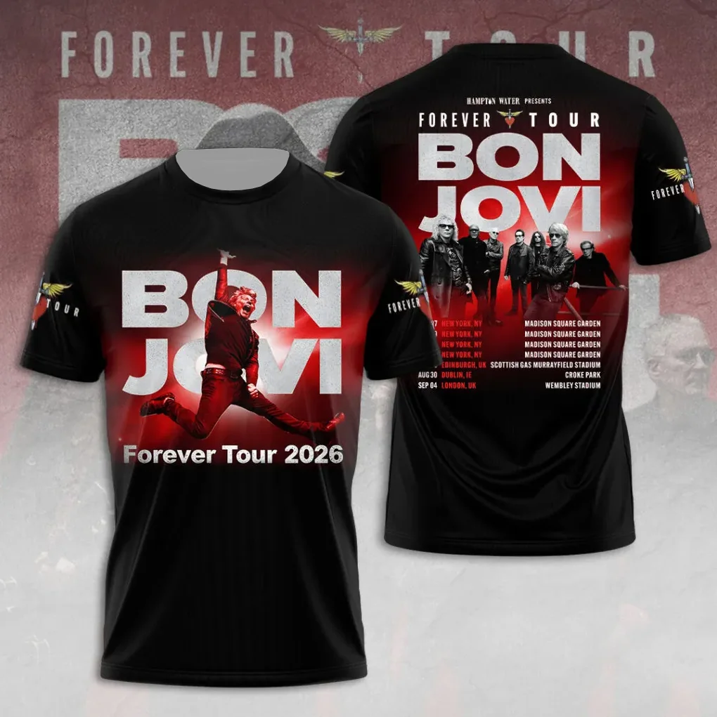Camiseta Masculina Casual Edição Comemorativa Bon Jovi Forever Tour 2026 Estilo Rock Americano Estampada em 3D de Secagem Rápida