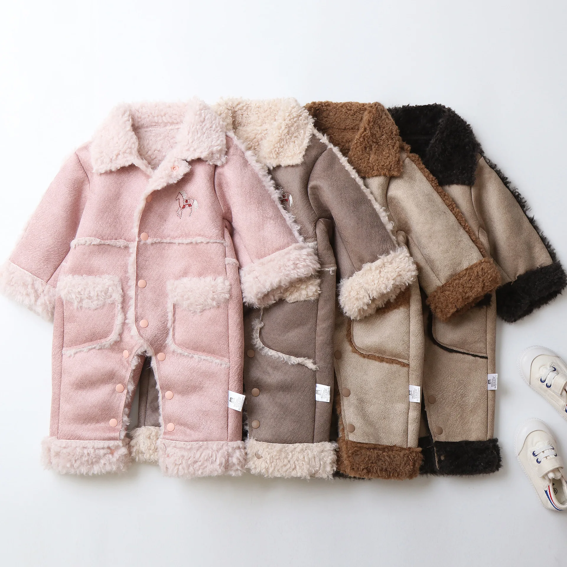 0-2 Y Winter Baby Rompers Animal Embroidery Fur Jumpsuits Soft Lamb Fleece Boys One  Piece Windy Proof Toddler Outfit