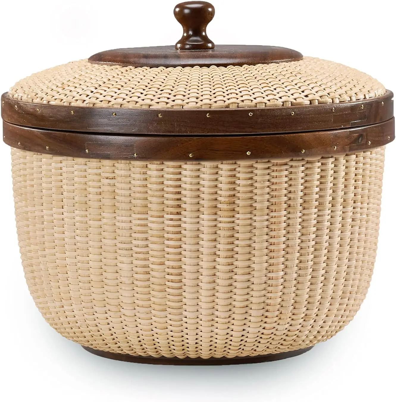 

Nantucket round 8.5in handicraft Basket,with lid desktop organizer sewing basket Cane-on-cane weave