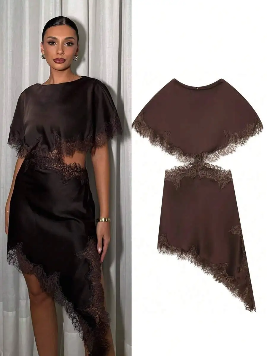 

Brown Satin Lace Trim Mini Dress with Cape Sleeve and Asymmetrical Hem