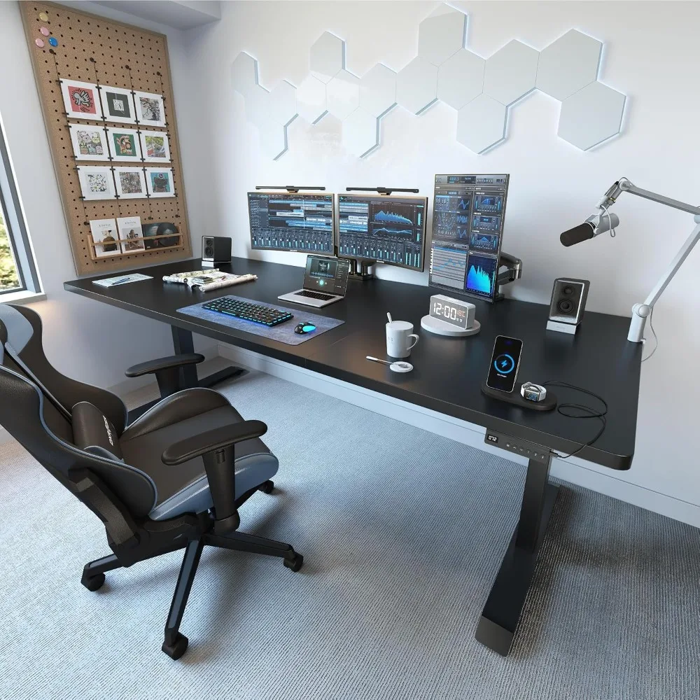 71x37 inch electric lift desk, double beam cable management, suitable for large 3-section black computer desk for home office