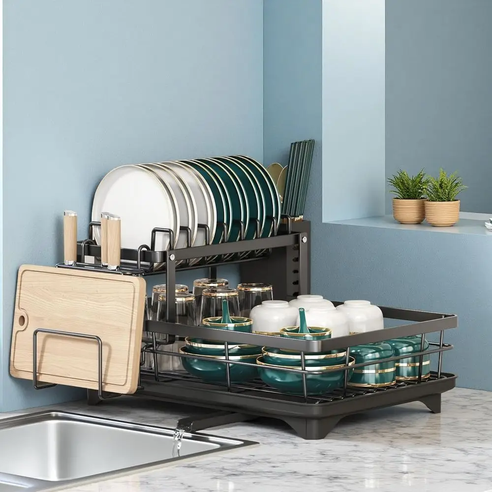 

Carbon Steel Dish Rack & Utensil Holder - Space Saving 2-Tier Kitchen Counter Organizer, Rust-Resistant Drainage or Small Kitche