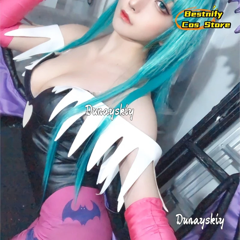 أزياء BMiccos Game Tumes النسائية على شكل قلب مجوف من Morrigan أزياء تنكرية مع أجنحة طماق Darkstalkers Succubus{Bestnify Cos}