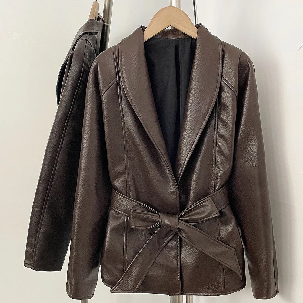 OFTBUY Neue Frühlings-Streetwear Damen Schicke Oversized PU-Lederjacke mit Revers, Lässiger Mantel mit langen Ärmeln, überschnittenen Schultern und Gürtel für Damen – Detail 6