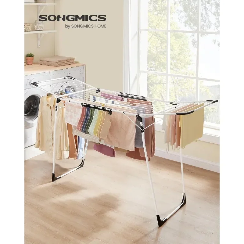 Clothes Drying Rack Foldable, Gullwing Laundry Drying Rack, Space-Saving, 22.2 x 68.1 x 38 Inches, Sock Clips, Metal Structure