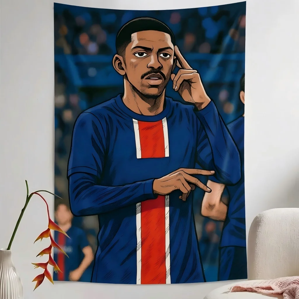 PSG Football Retro Tapestry Blue Red Striped Jersey Player Stadium Sketch Print Wall Hanging Men Fan Dorm Bedroom Decor Gift