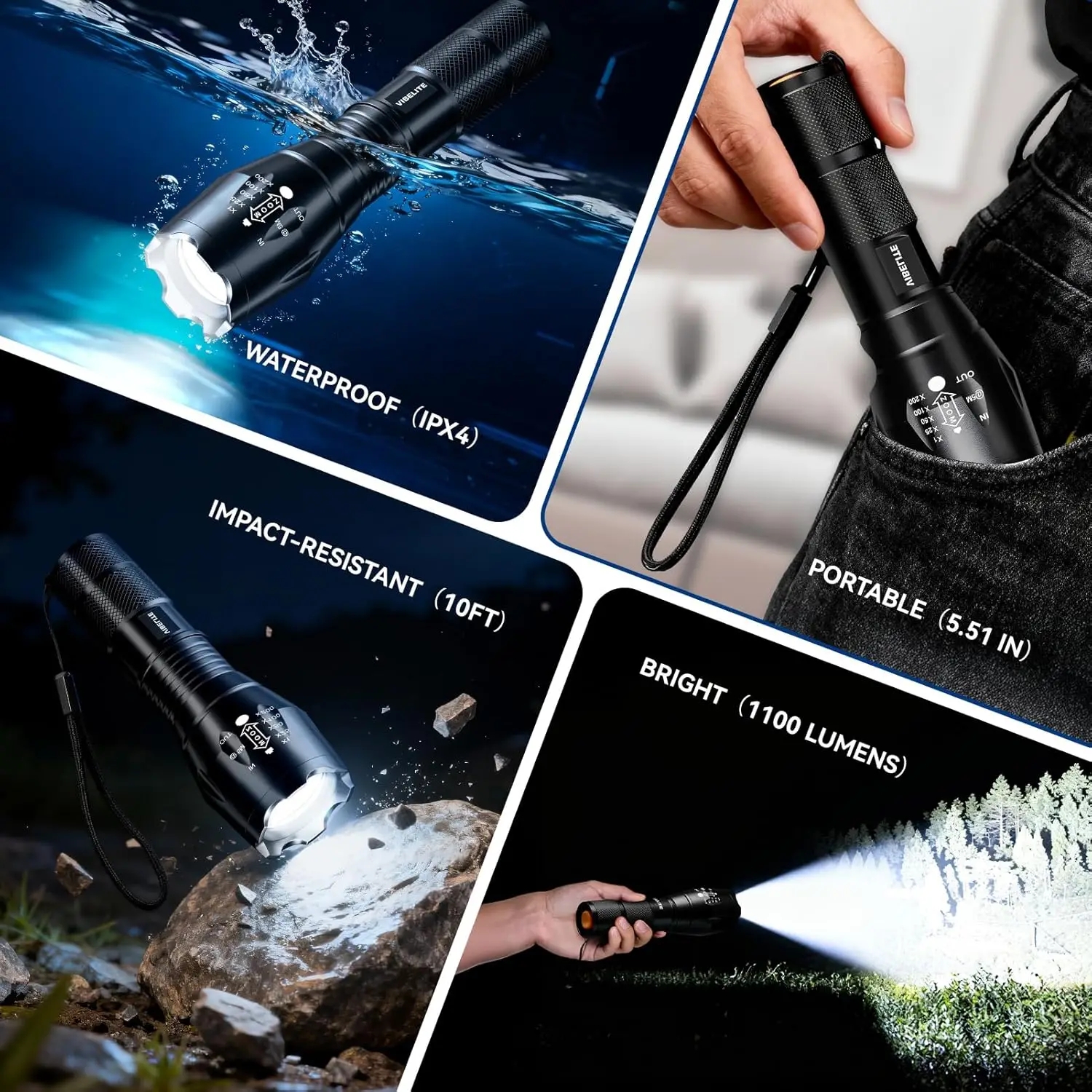 Linterna LED impermeable con zoom de 5 modos para senderismo, camping, emergencia: paquete de 2