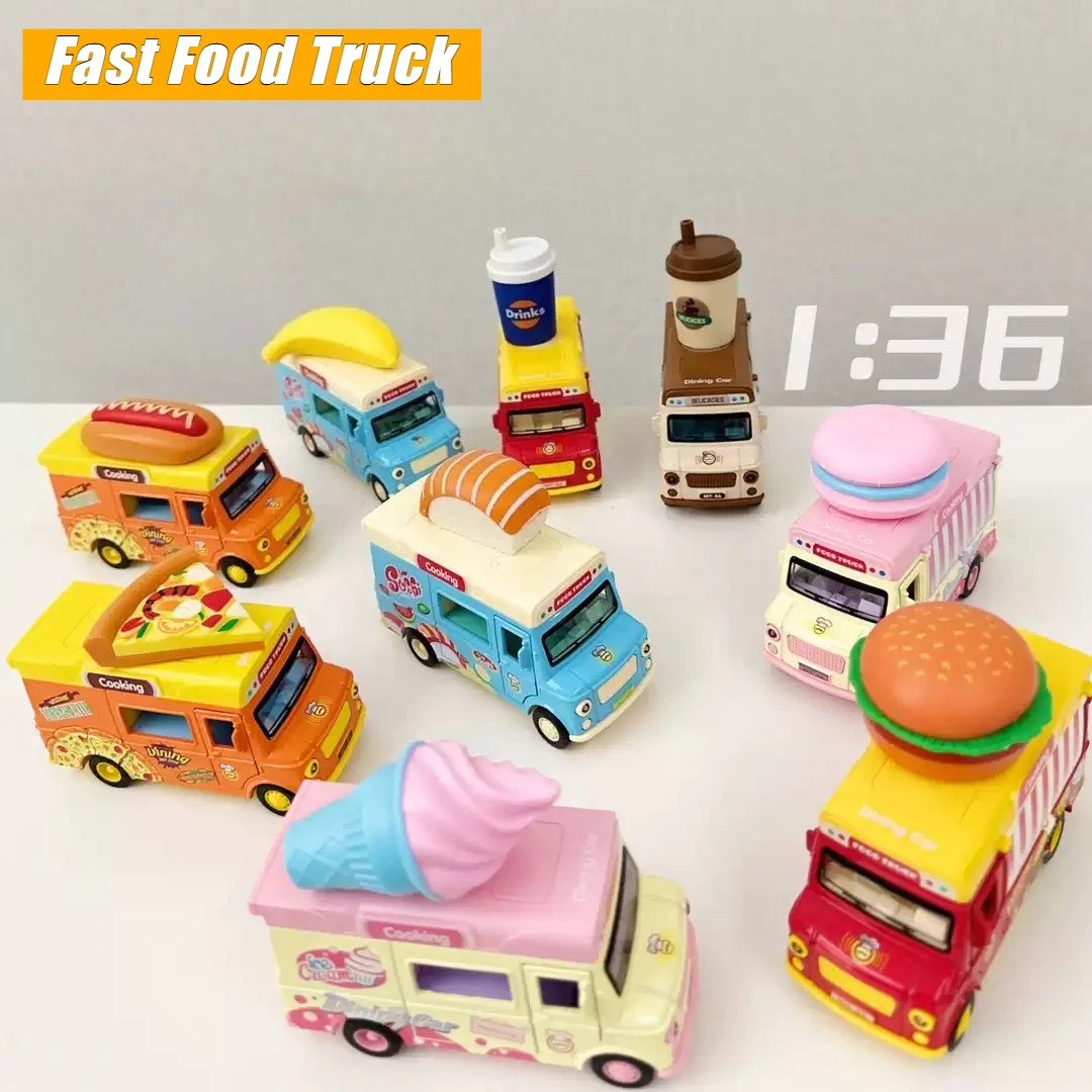 1:36 Fast Food Truck Model Pizza Burger Hot Dog Series Simulation Alloy Mini Car Model Sound Light Toy Collection Birthday Gift