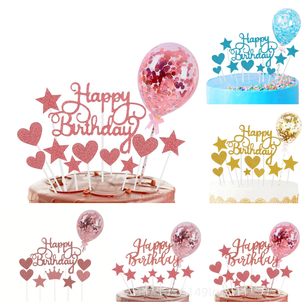 Happy Birthday Cake Toppers DIY Confetti Balloon Cake Decor Star Heart Cupcake Flag for Birthday Party Dessert Baking Decoration