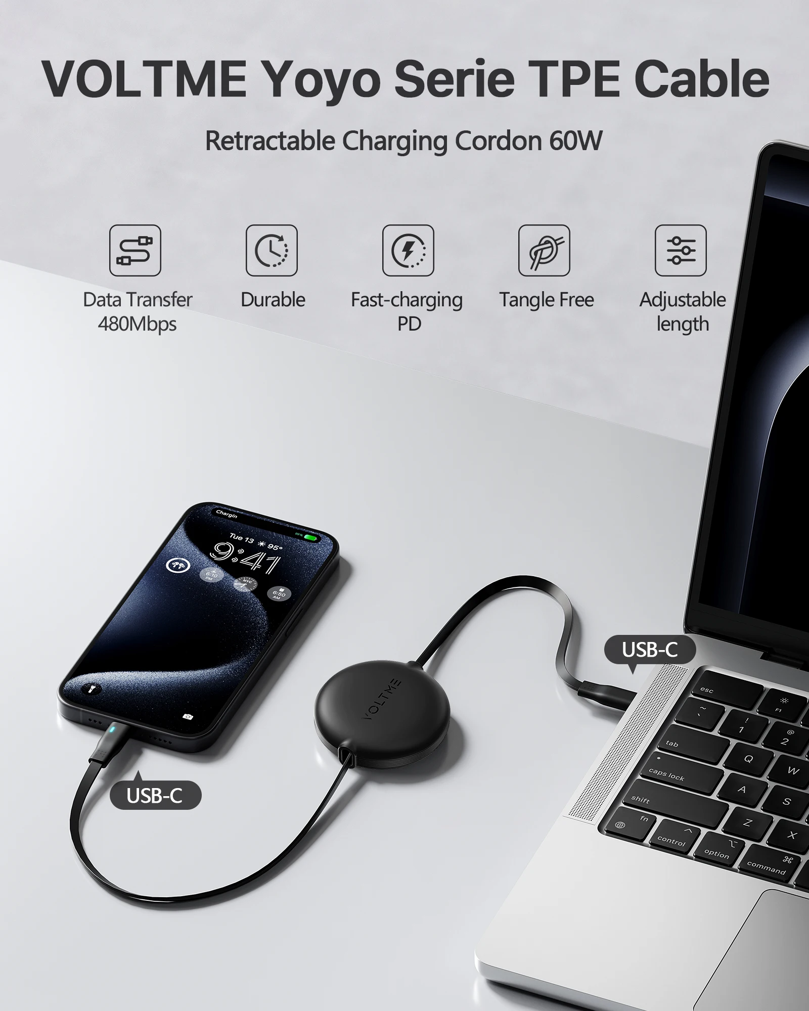 Voltme-YoYo retractable USB cable type C to USB C PD 60W fast charging for iPhone 15 Pro and iPad Type C Charger Cable